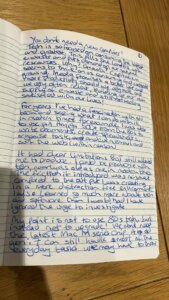 Photo of page 1 of the hand written blog above